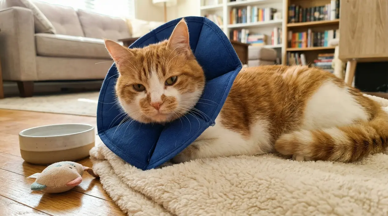 Gatto con collare elisabettiano blu sdraiato su una coperta in casa