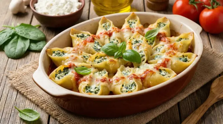 Conchiglioni ripieni di ricotta e spinaci al forno in una pirofila su tavolo rustico