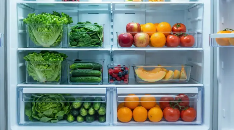 Frutta e verdura fresca conservata in frigorifero in contenitori trasparenti