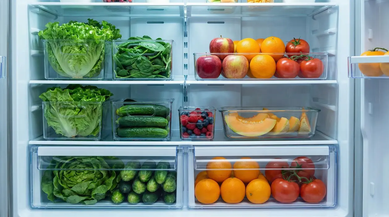 Frutta e verdura fresca conservata in frigorifero in contenitori trasparenti