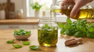 Foglie di basilico conservate in un barattolo di vetro con olio d'oliva su un tavolo in cucina