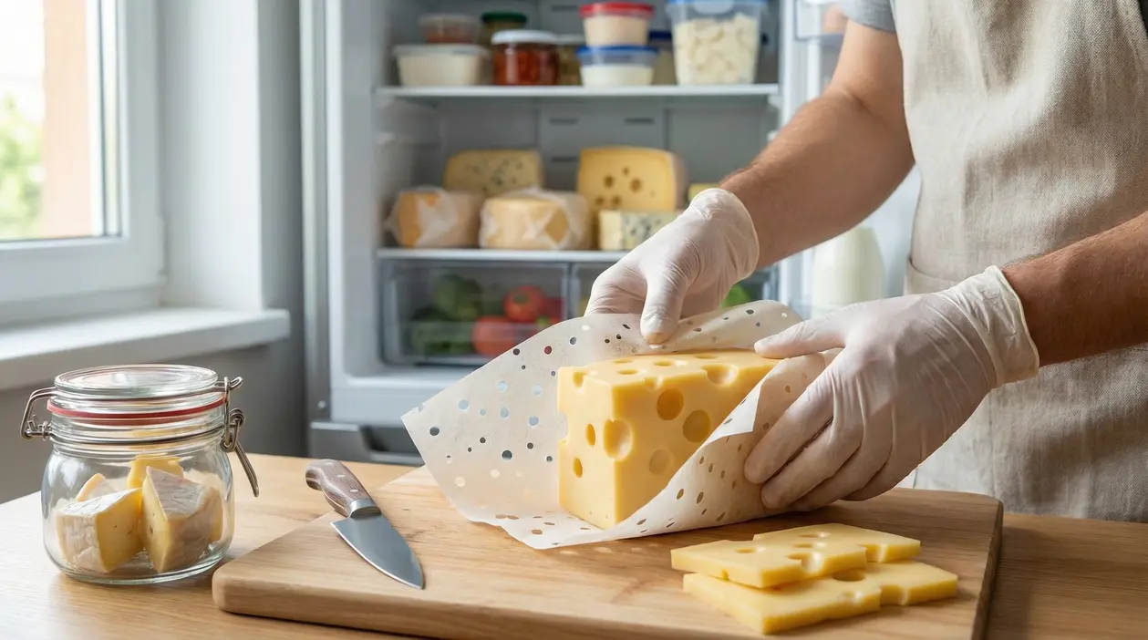 Una persona avvolge un pezzo di formaggio svizzero in carta per alimenti davanti a un frigorifero aperto
