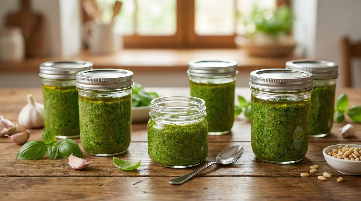 Barattoli di pesto fatti in casa su un tavolo di legno con ingredienti freschi