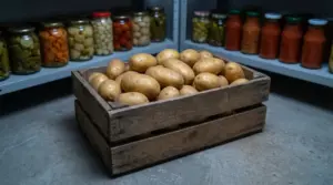 Cassetta di patate conservata in una dispensa con barattoli di conserve