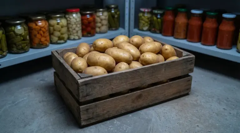 Cassetta di patate conservata in una dispensa con barattoli di conserve