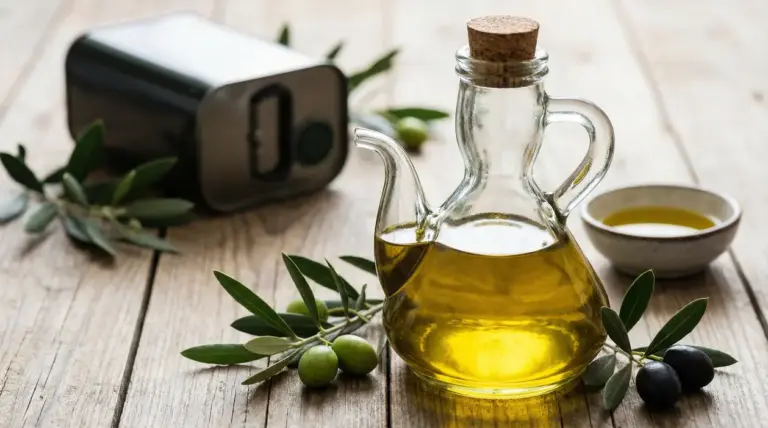 Bottiglia di vetro con olio extravergine d'oliva su tavolo in legno con olive e contenitore di metallo