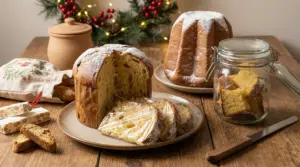 Fette di panettone e pandoro conservate con pellicola e in barattolo su tavolo di legno con decorazioni natalizie