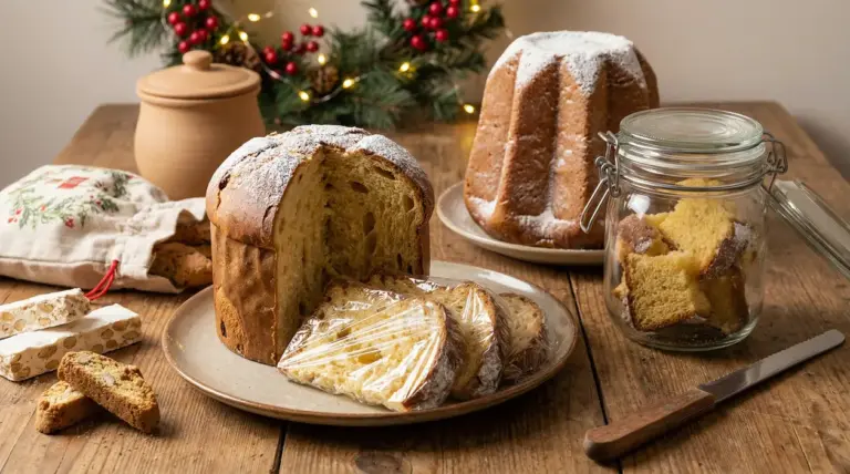 Fette di panettone e pandoro conservate con pellicola e in barattolo su tavolo di legno con decorazioni natalizie
