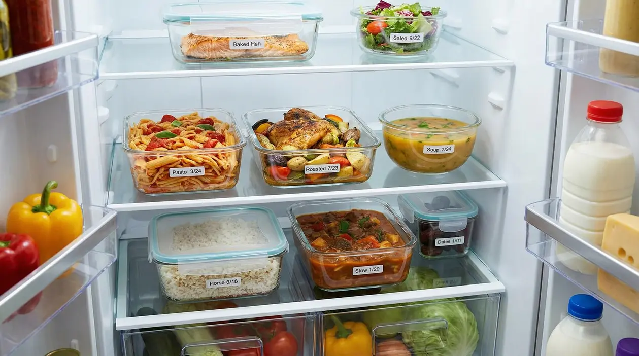Contenitori di cibi cotti conservati in frigorifero con etichette e date