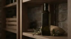 Bottiglia di olio extravergine di oliva su uno scaffale in legno con rametti di ulivo