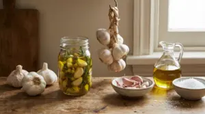 Teste d'aglio intere, spicchi sbucciati in olio, olio d'oliva e sale su un tavolo rustico