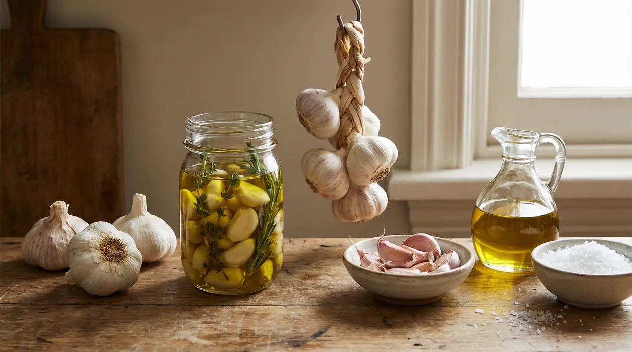 Teste d'aglio intere, spicchi sbucciati in olio, olio d'oliva e sale su un tavolo rustico