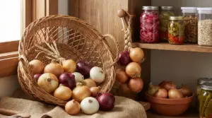 Cipolle bianche, rosse e dorate conservate in un cesto di vimini e su una mensola in cucina