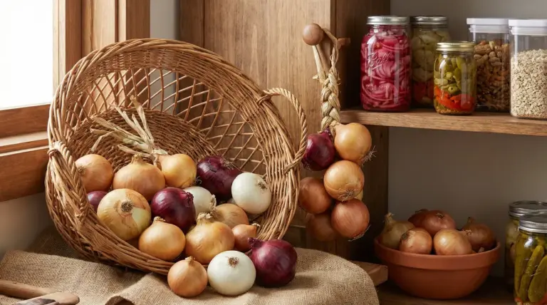 Cipolle bianche, rosse e dorate conservate in un cesto di vimini e su una mensola in cucina