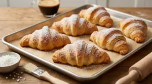 Cornetti sfogliati dorati spolverati di zucchero a velo su una teglia da forno.