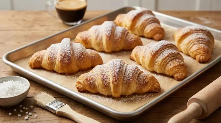 Cornetti sfogliati dorati spolverati di zucchero a velo su una teglia da forno.