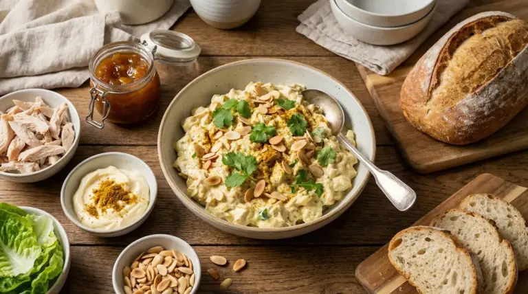 Ciotola di coronation chicken con coriandolo e mandorle, contorni e pane su tavolo rustico