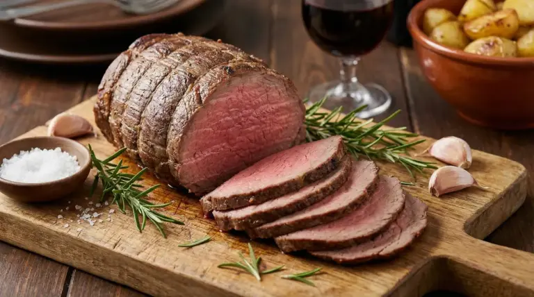 Magatello di manzo affettato su tagliere con aglio, rosmarino e sale grosso