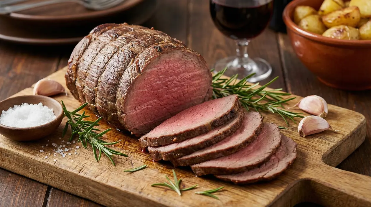 Magatello di manzo affettato su tagliere con aglio, rosmarino e sale grosso