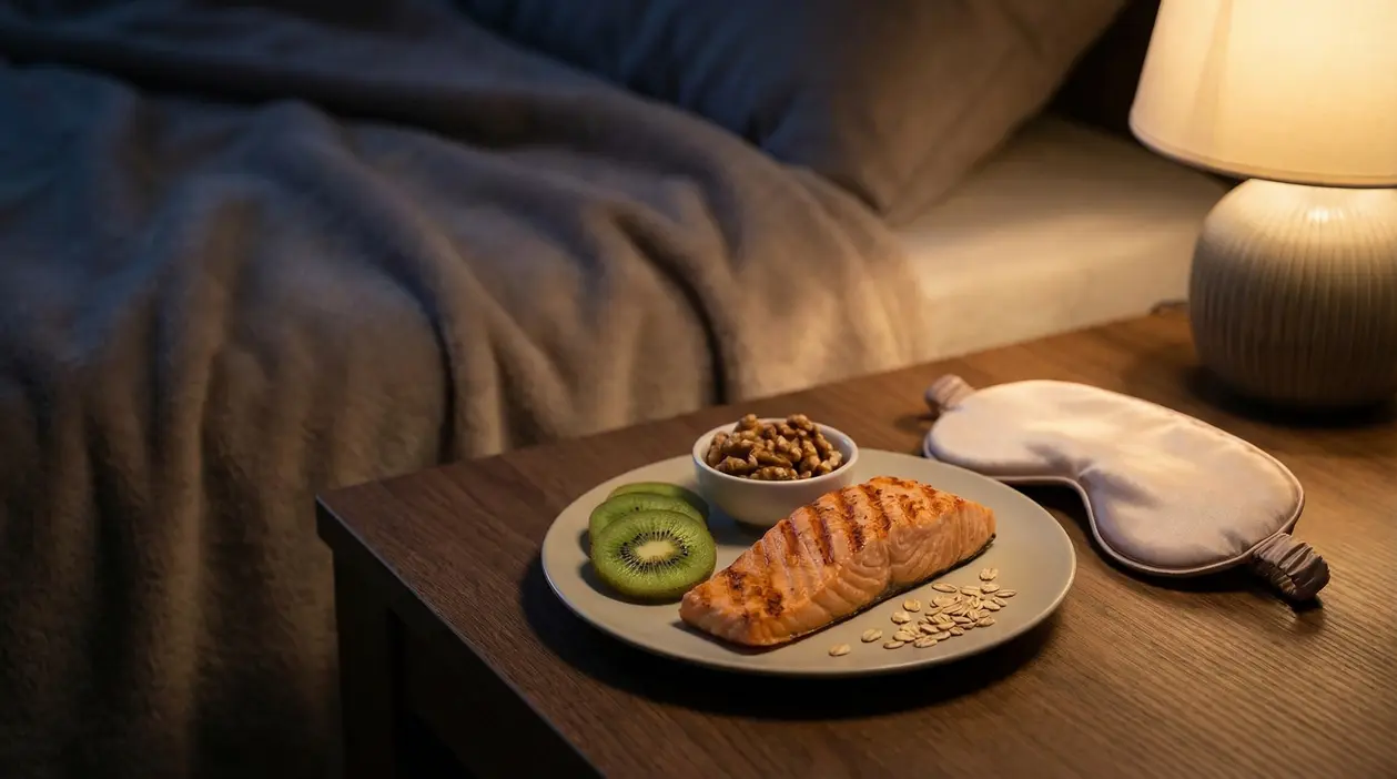Piatto con salmone, kiwi, noci e fiocchi d'avena su un comodino accanto a un letto e una mascherina per dormire