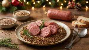 Piatto di cotechino affettato su letto di lenticchie con decorazioni natalizie sullo sfondo