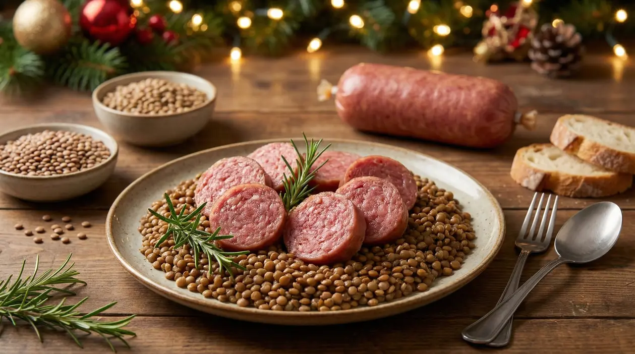 Piatto di cotechino affettato su letto di lenticchie con decorazioni natalizie sullo sfondo
