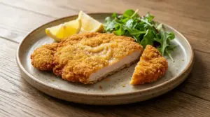 Cotoletta alla milanese dorata servita con limone e insalata su un piatto di ceramica