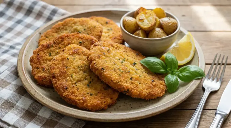 Cotolette vegetariane dorate accompagnate da patate arrosto, limone e basilico su un piatto rustico