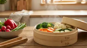 Verdure cotte al vapore in un cestello di bambù su un tavolo in cucina