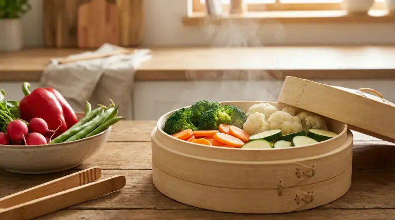Verdure cotte al vapore in un cestello di bambù su un tavolo in cucina