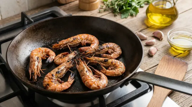 Mazzancolle intere che cuociono in padella su fornello a gas