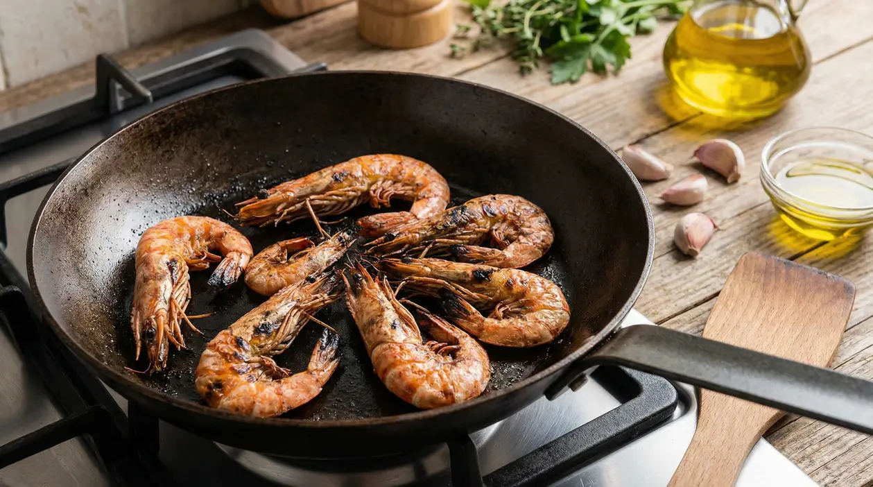 Mazzancolle intere che cuociono in padella su fornello a gas