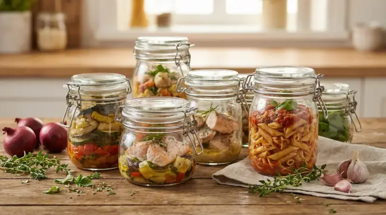 Barattoli di vetro con alimenti cotti in vasocottura su un tavolo di legno