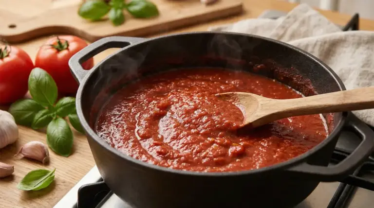 Salsa al pomodoro densa che cuoce lentamente in una pentola di ghisa su fornello