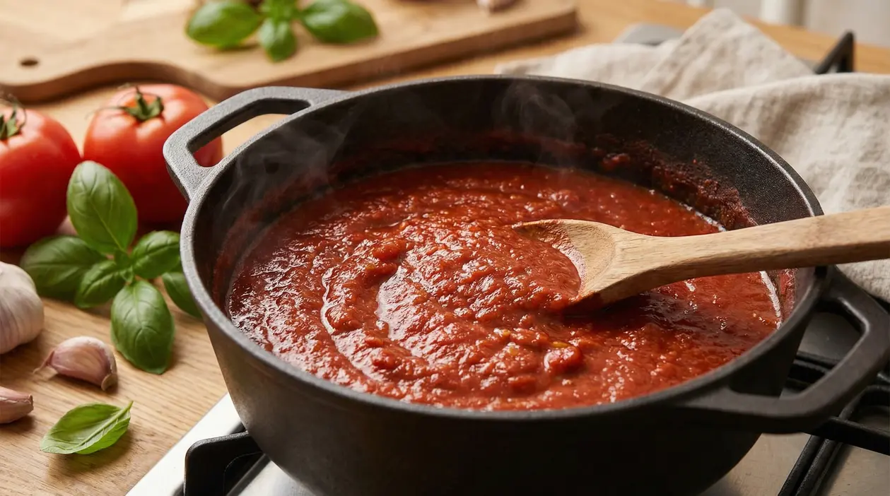 Salsa al pomodoro densa che cuoce lentamente in una pentola di ghisa su fornello