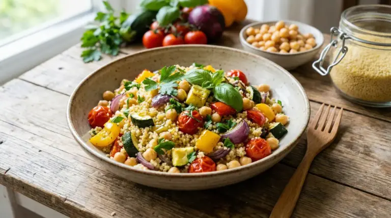 Piatto di cous cous con verdure grigliate e ceci su tavolo rustico in legno