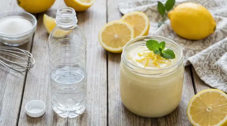 Crema al limone in barattolo di vetro con scorza e menta, accanto a limoni e una bottiglia di plastica.
