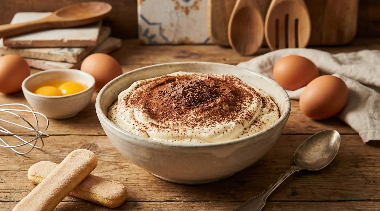 Crema al mascarpone in una ciotola con cacao e scaglie di cioccolato, accanto a uova e savoiardi