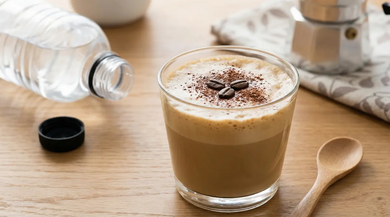 Crema caffè servita in un bicchiere, con chicchi di caffè sopra e bottiglia d'acqua sullo sfondo