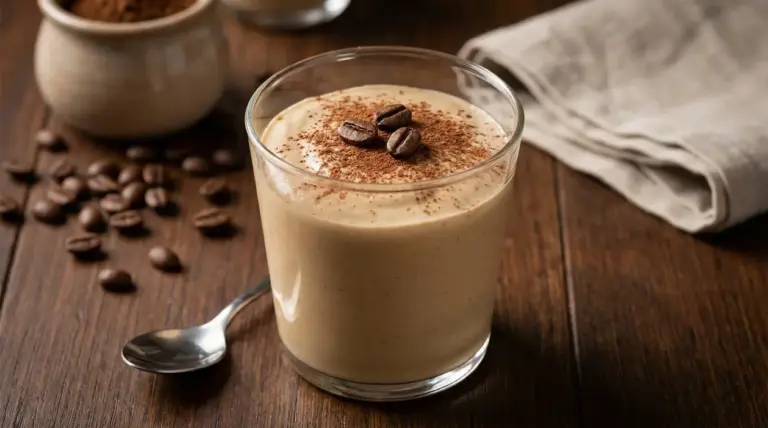 Crema caffè servita in un bicchiere di vetro con chicchi di caffè e cacao in polvere