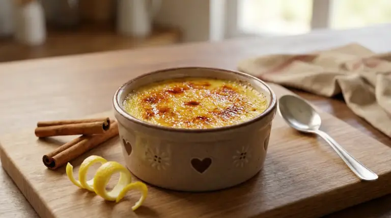 Crema catalana servita in una ciotola di ceramica con cannella e scorza di limone su un tagliere di legno