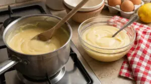 Crema pasticcera in preparazione in una pentola e servita in una ciotola di vetro