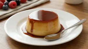 Creme caramel con caramello servito in un piattino bianco con cucchiaino