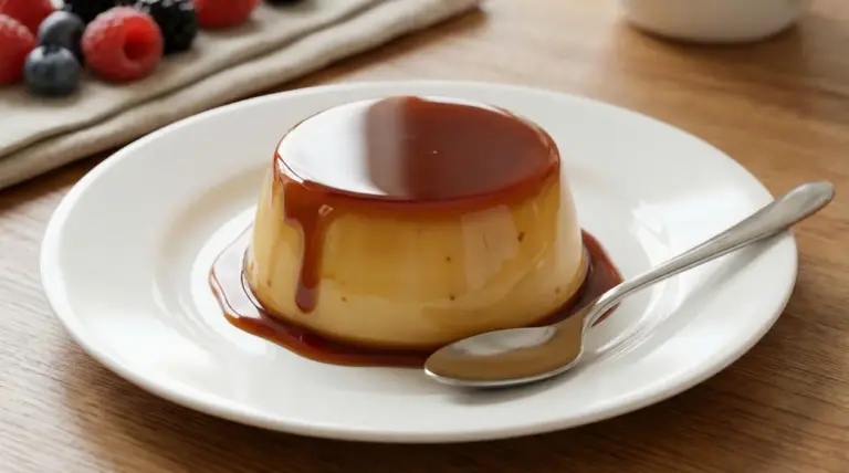 Creme caramel con caramello servito in un piattino bianco con cucchiaino