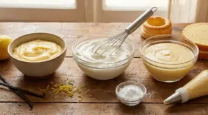 Ciotole con creme per dolci su tavolo di legno, tra cui crema pasticcera, chantilly e diplomatica