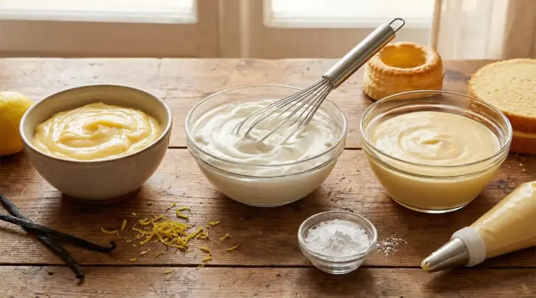 Ciotole con creme per dolci su tavolo di legno, tra cui crema pasticcera, chantilly e diplomatica