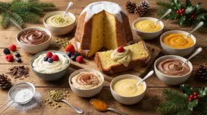 Pandoro tagliato a fette con diverse creme spalmabili disposte in ciotole attorno su tavolo di legno