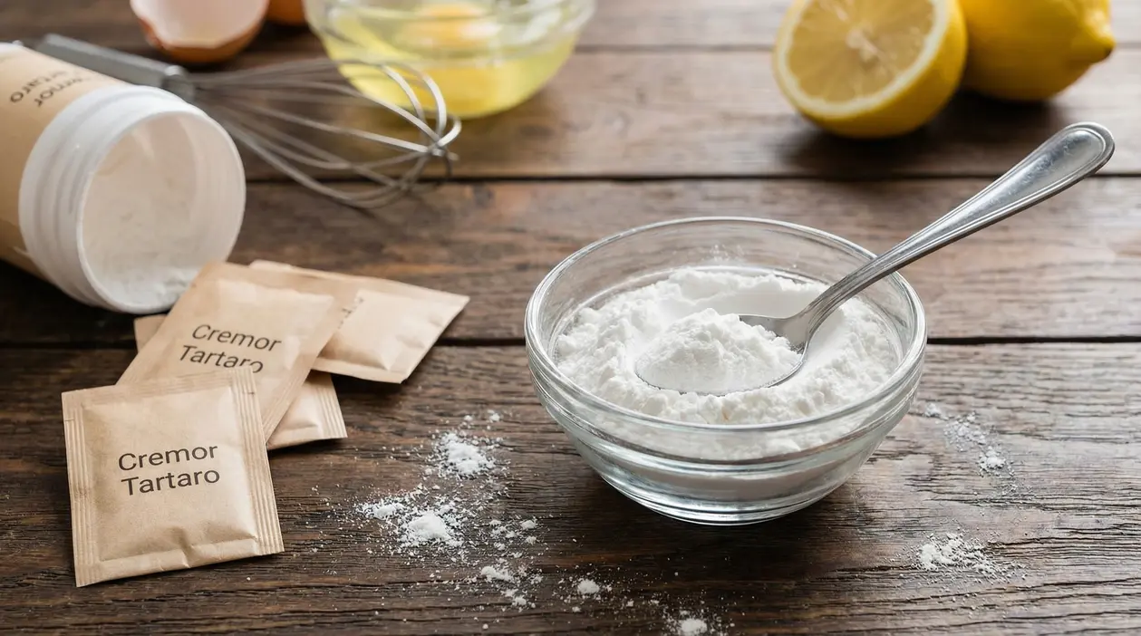 Ciotola di vetro con cremor tartaro in polvere e cucchiaio su tavolo di legno