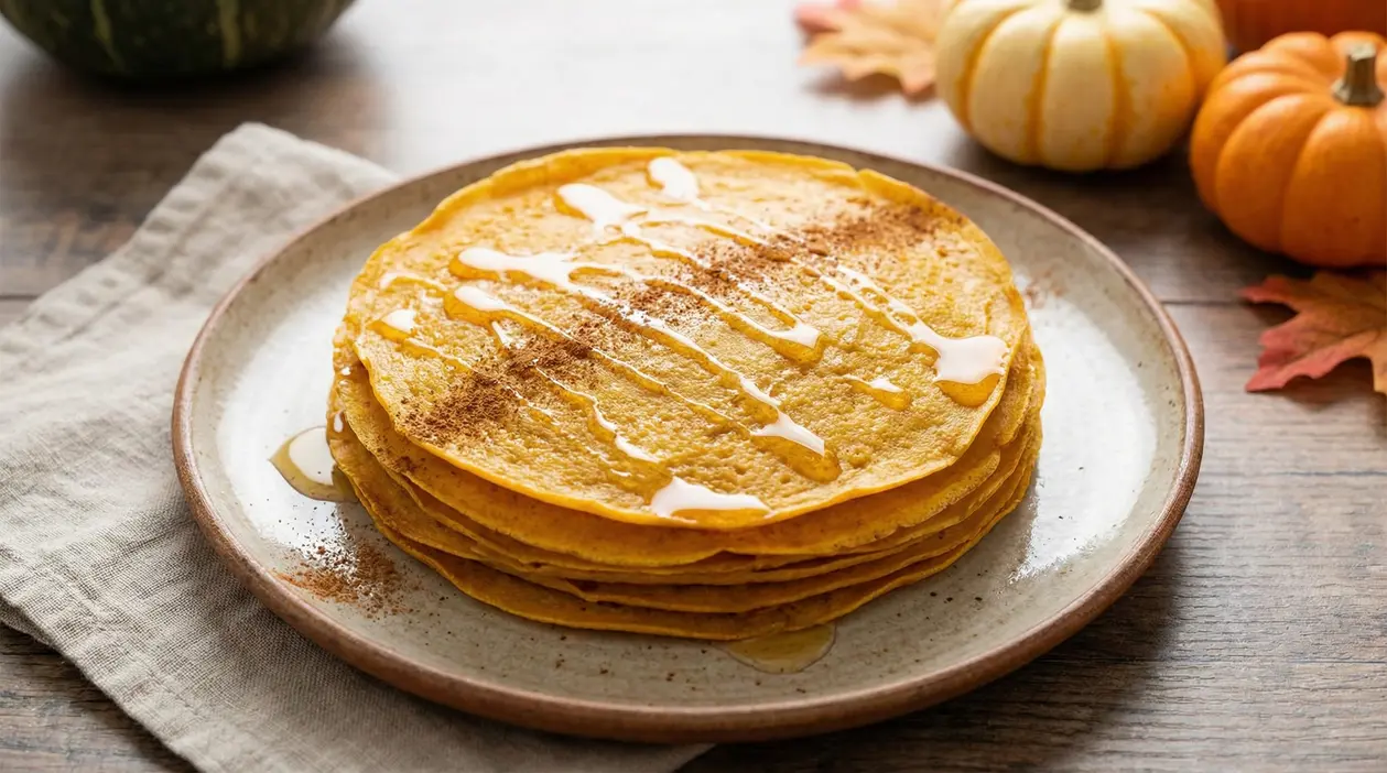 Crepes di zucca servite su un piatto con miele e cannella