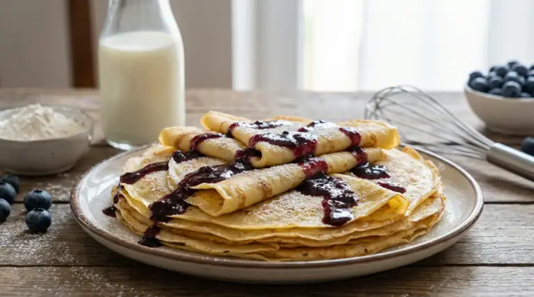 Crepes senza uova con marmellata ai mirtilli su un piatto rustico